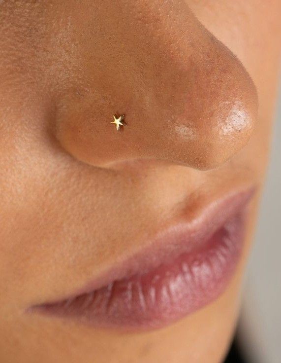 a woman's nose with a tiny gold star piercing on the tip of her nose