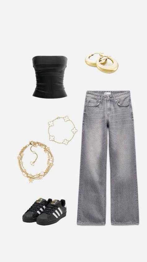 a woman's outfit and accessories including shoes, necklaces, and bracelets