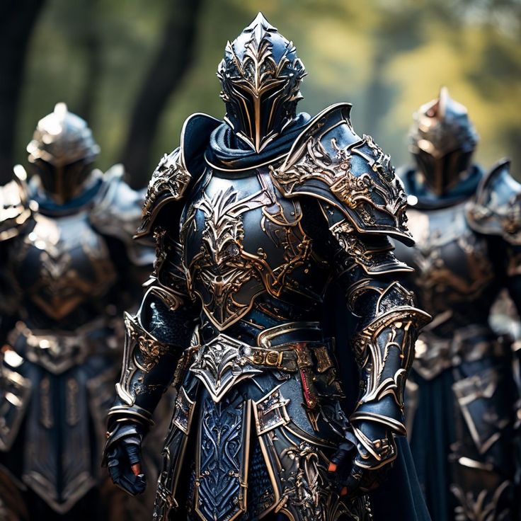 several men in armor are walking down the street