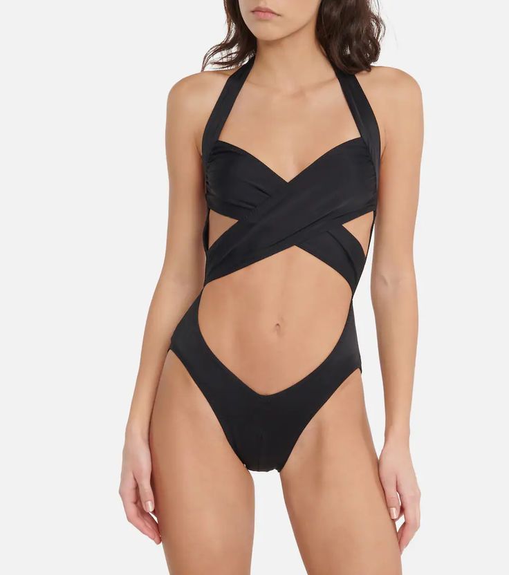 Norma Kamali - Crossover Mio swimsuit | Mytheresa Chic Triangle Top Swimwear For Swimming, Chic Stretch Swimwear With Crisscross Straps, Elegant Halter Neck Swimwear With Cutout, Elegant Halter Neck Cutout Swimwear, Elegant One-piece Swimwear With Crisscross Straps, Fitted Summer Swimwear With Wrap-around Straps, Stretch Beachwear Bodysuit With Cutout, Black One-piece Swimwear With Crisscross Straps, Halter Neck Cutout Swimwear For Swimming