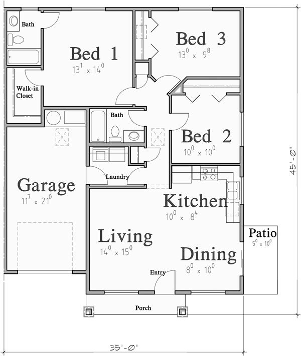 the floor plan for a two bedroom, one bath house with an attached living area