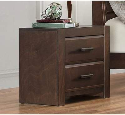 a night stand with two drawers and a lamp on top of the end table next to a bed