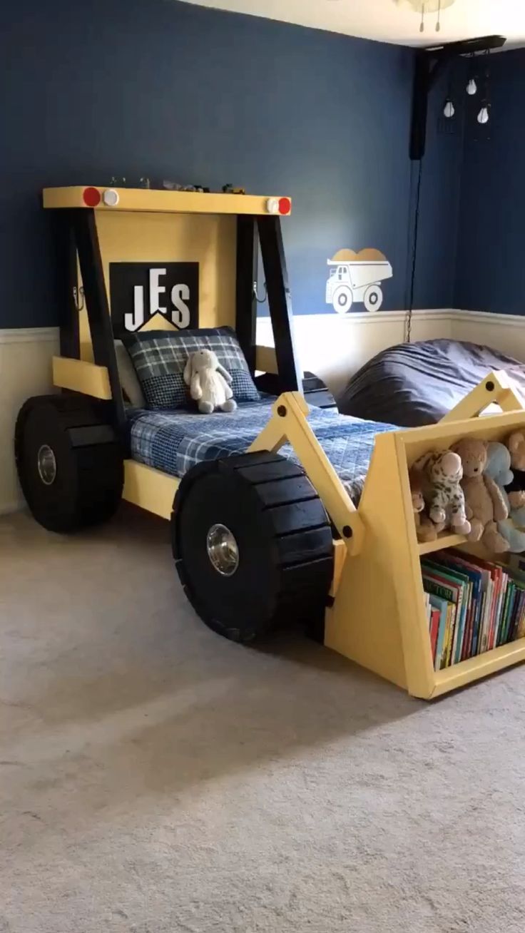 a bed made to look like a construction vehicle