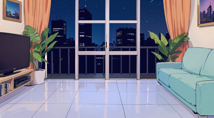 a living room with a couch, television and large window overlooking the city at night