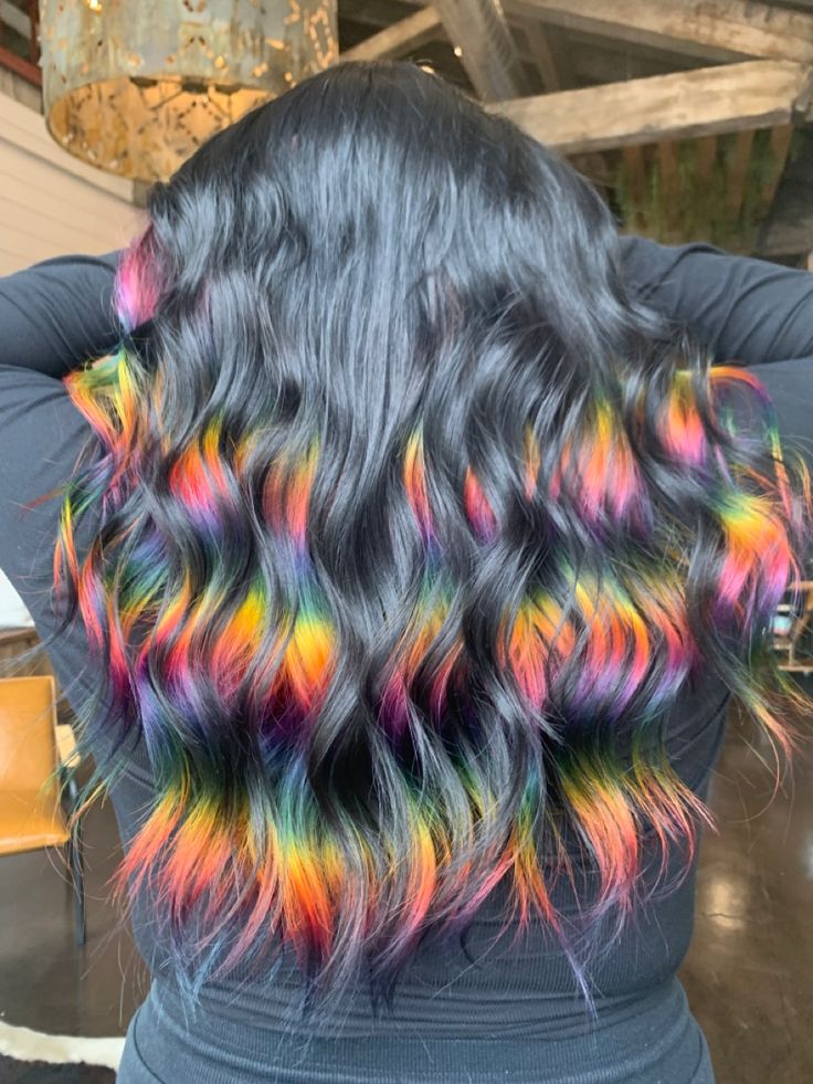 Dark Hair Rainbow Highlights, Peak A Boo Rainbow Hair Color, Black Hair With Rainbow Streaks, Prism Highlights Black Hair, Dark Brown Rainbow Hair, Black With Rainbow Hair, Dark Brown Hair With Rainbow Highlights, Black Hair With Vivid Highlights, Rainbow Highlights Black Hair