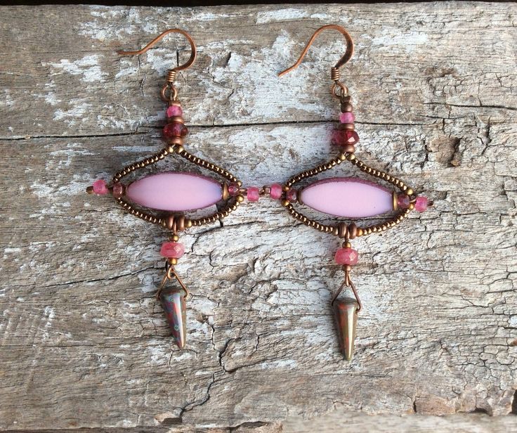 Whimsical Pink Nickel-free Earrings, Whimsical Nickel-free Pink Earrings, Pink Dangle Beaded Earrings For Festival, Pink Chandelier Earrings For Gift, Whimsical Handmade Pink Earrings, Whimsical Pink Handmade Earrings, Unique Pink Jewelry For Festivals, Pink Beaded Drop Earrings For Festivals, Bohemian Czech Glass Earrings For Festivals