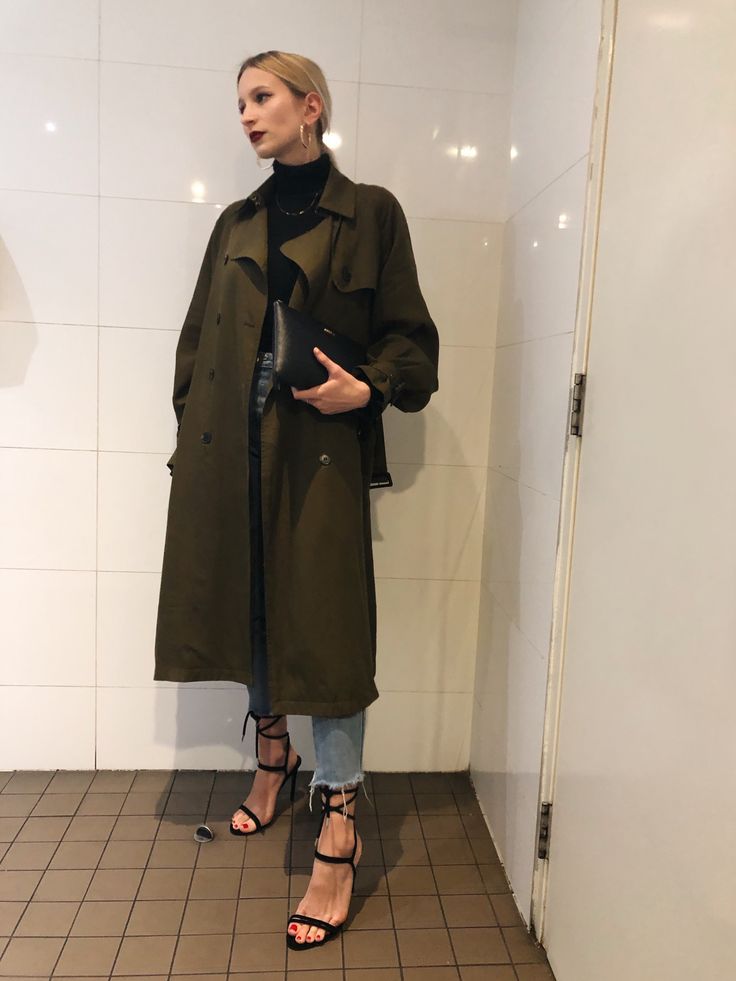 Khaki Green Coat Outfit, Green Long Coat Outfit, Coat Spring, Dark Green Trench Coat Outfit, Green Wool Trench Coat Outfit, Green Trenchcoat Outfit, Khaki Green Trench Coat Outfit, Olive Green Trench Coat Outfit, Green Coat Outfit Winter