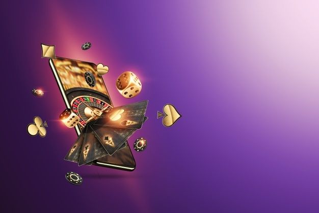 an image of a casino machine with dices and cards coming out of it on a purple background