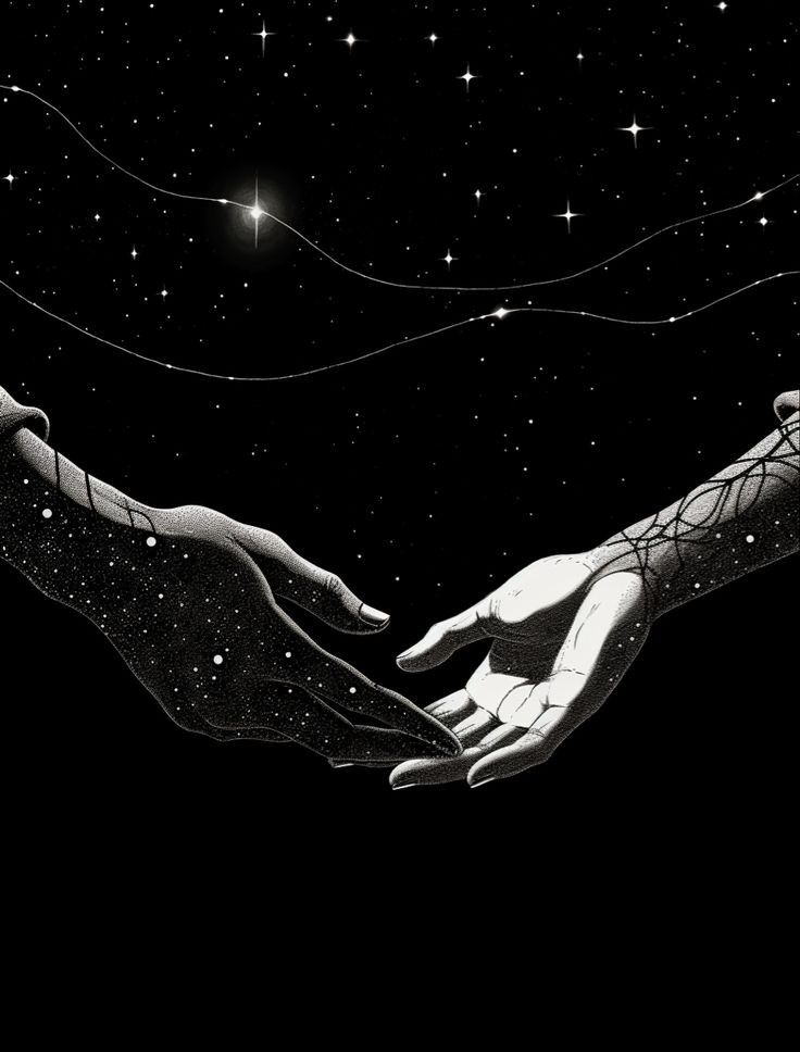 two hands reaching out towards each other with stars in the background