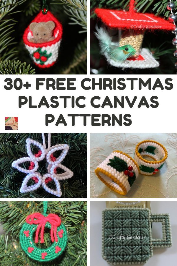 crocheted christmas ornaments with text overlay that reads 30 free christmas plastic canvass patterns