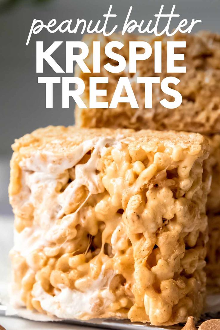 two pieces of peanut butter krispie treats stacked on top of each other with text overlay