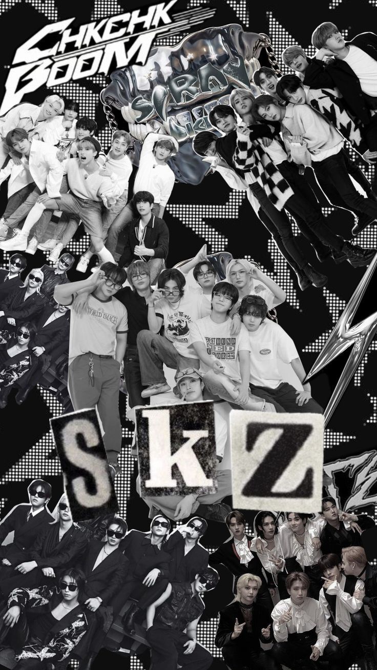 a collage of photos with the name skz on it and some people standing in front of them