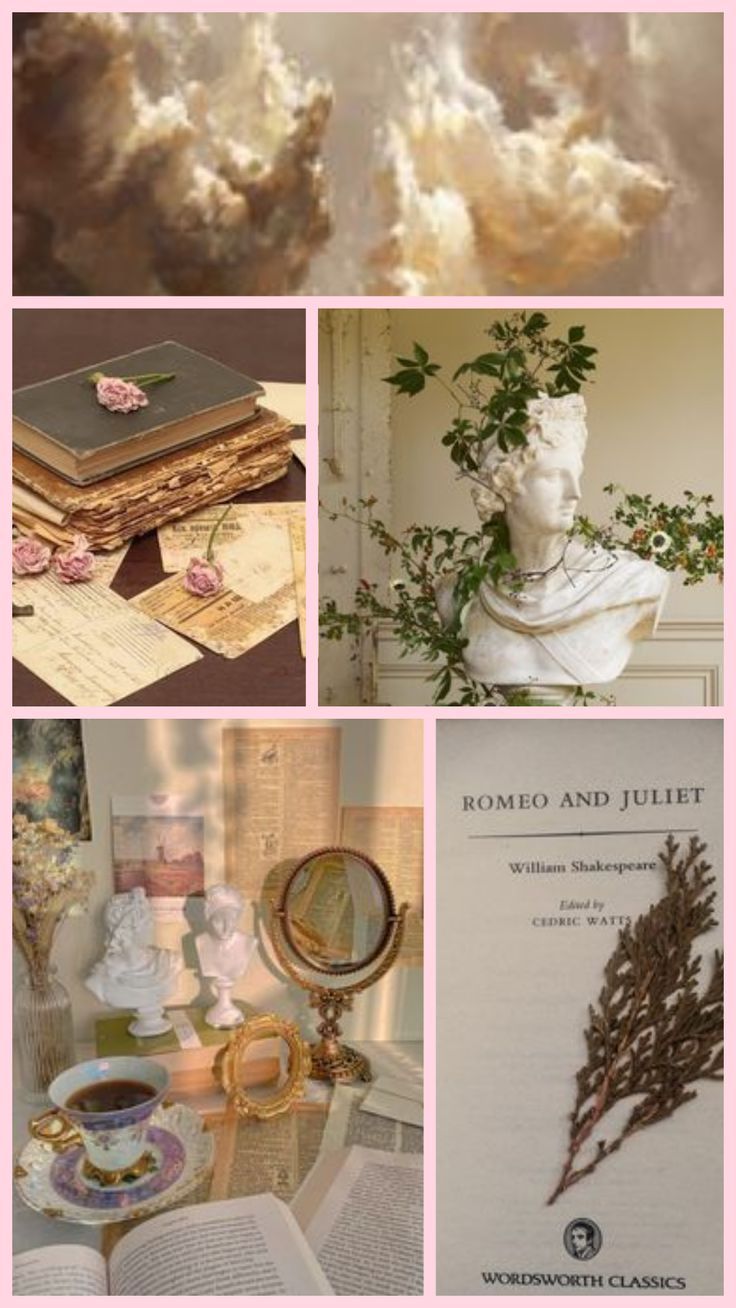 a collage of photos with flowers and clouds in the sky, books on a table