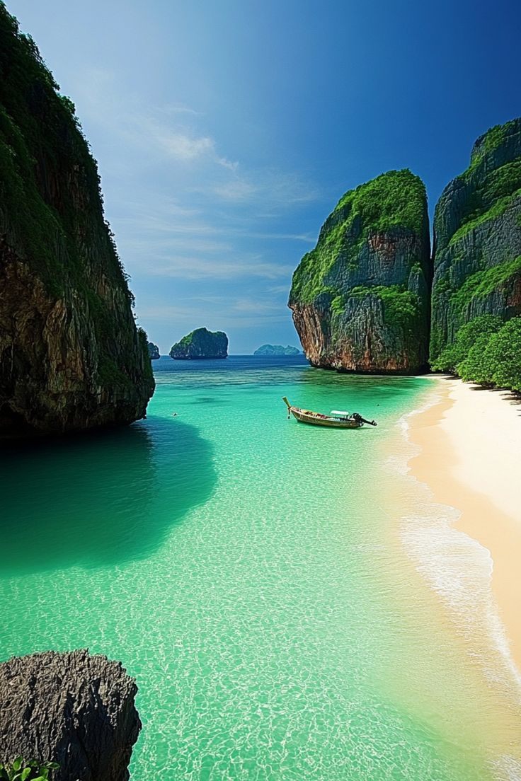 a boat is sitting in the clear blue water near an island with green cliffs on either side