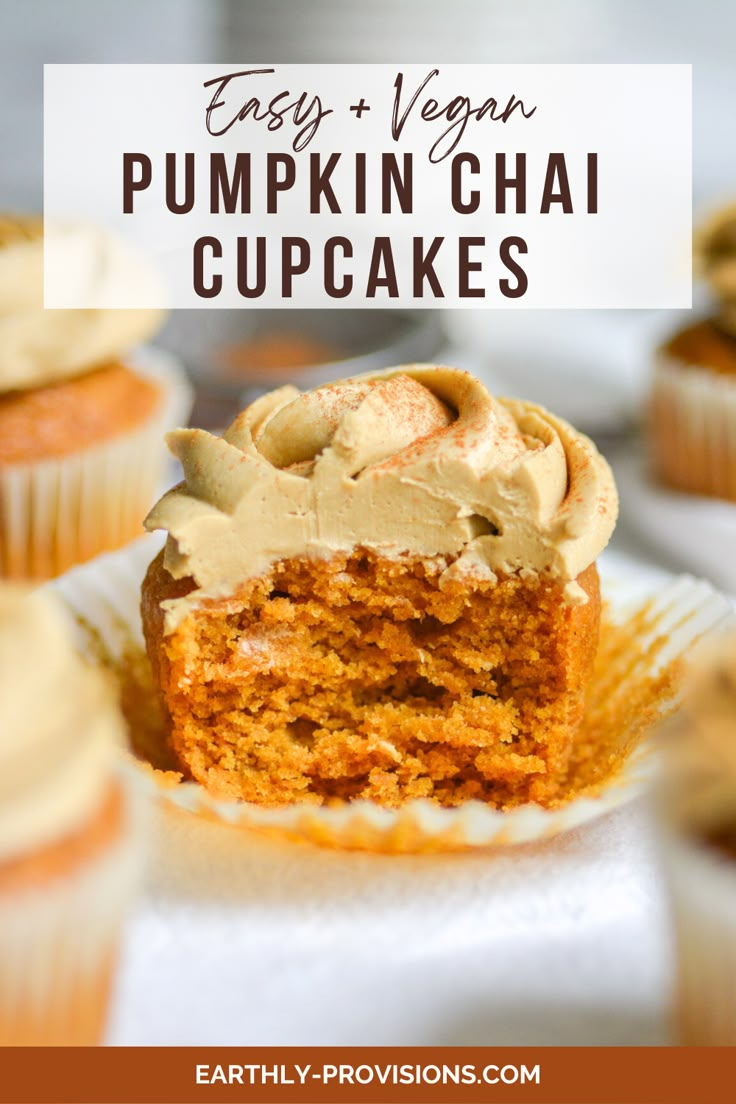 cupcakes with frosting on top and the title overlay reads easy vegan pumpkin chai cupcakes