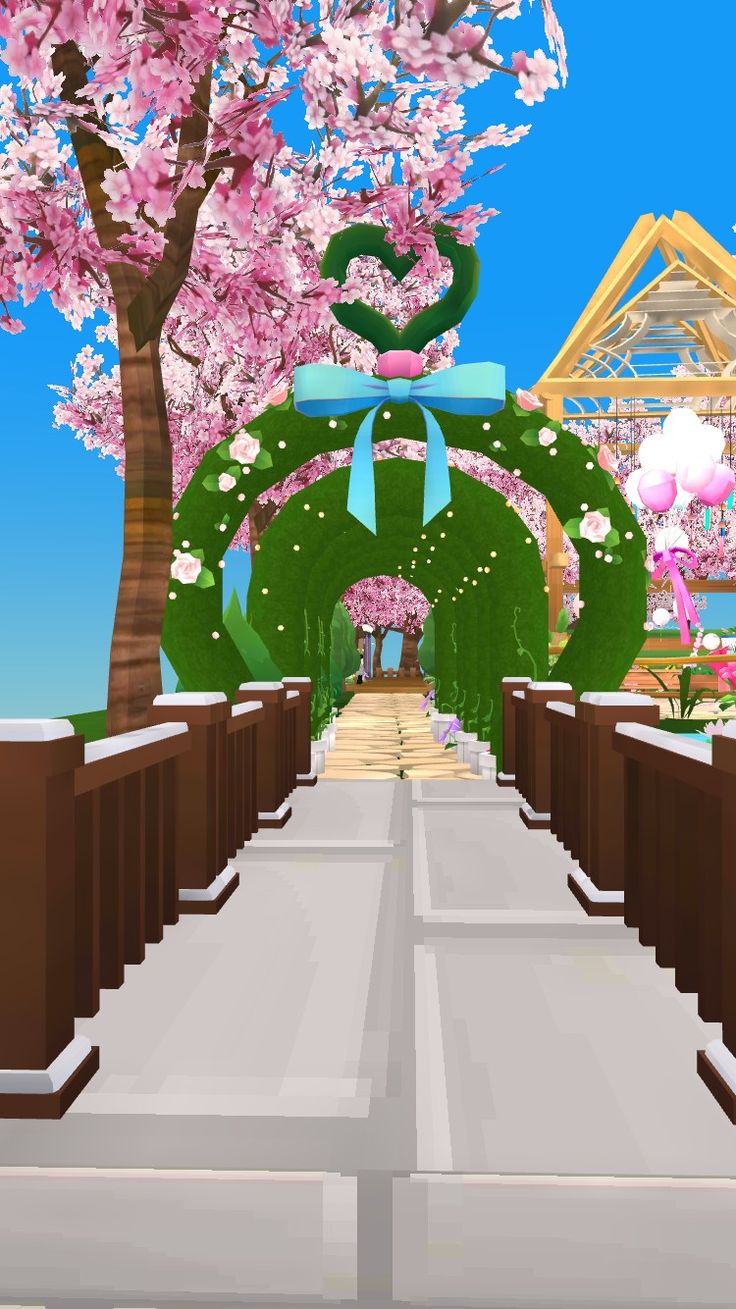 an animated image of a walkway with trees and flowers