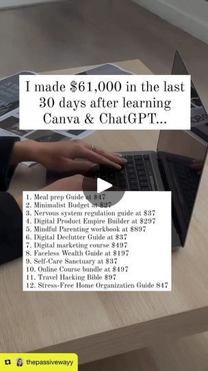 a woman sitting at a table with a laptop on her lap and the caption reads i made $ 6, 000 in the last 30 days after learning canva & chat