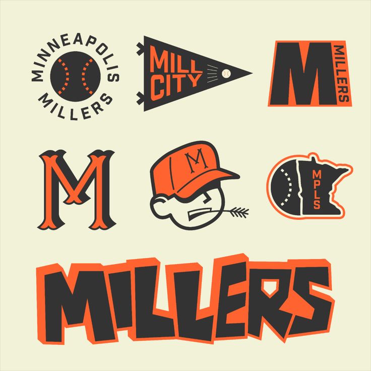 some baseball related items are shown in this graphic art work, with the words mill city on them