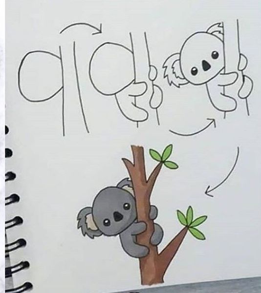 a drawing of two koalas hanging from a tree with the word up written on it