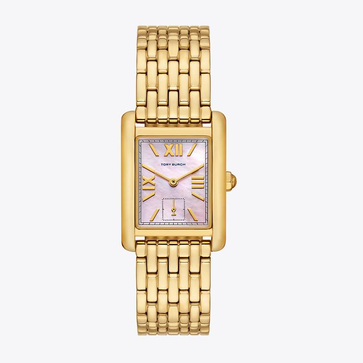 Clean-lined and elegant. The Eleanor watch features a blush mother of pearl dial with three-hand movement. Crafted in gold-tone stainless steel with a classic link bracelet. Trending Watches For Women, Cute Watches For Women, Product Wishlist, Womens Designer Watches, Wishlist Ideas, Accessory Inspo, Watch Women's, Cute Watches, Buy List