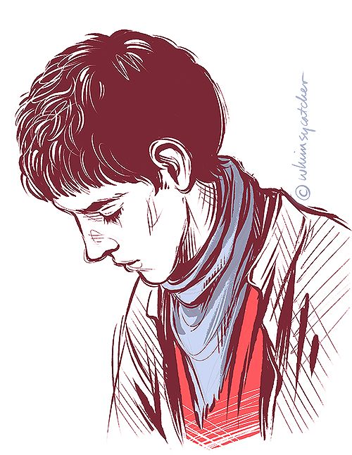 a drawing of a person with a scarf around his neck looking down at the ground