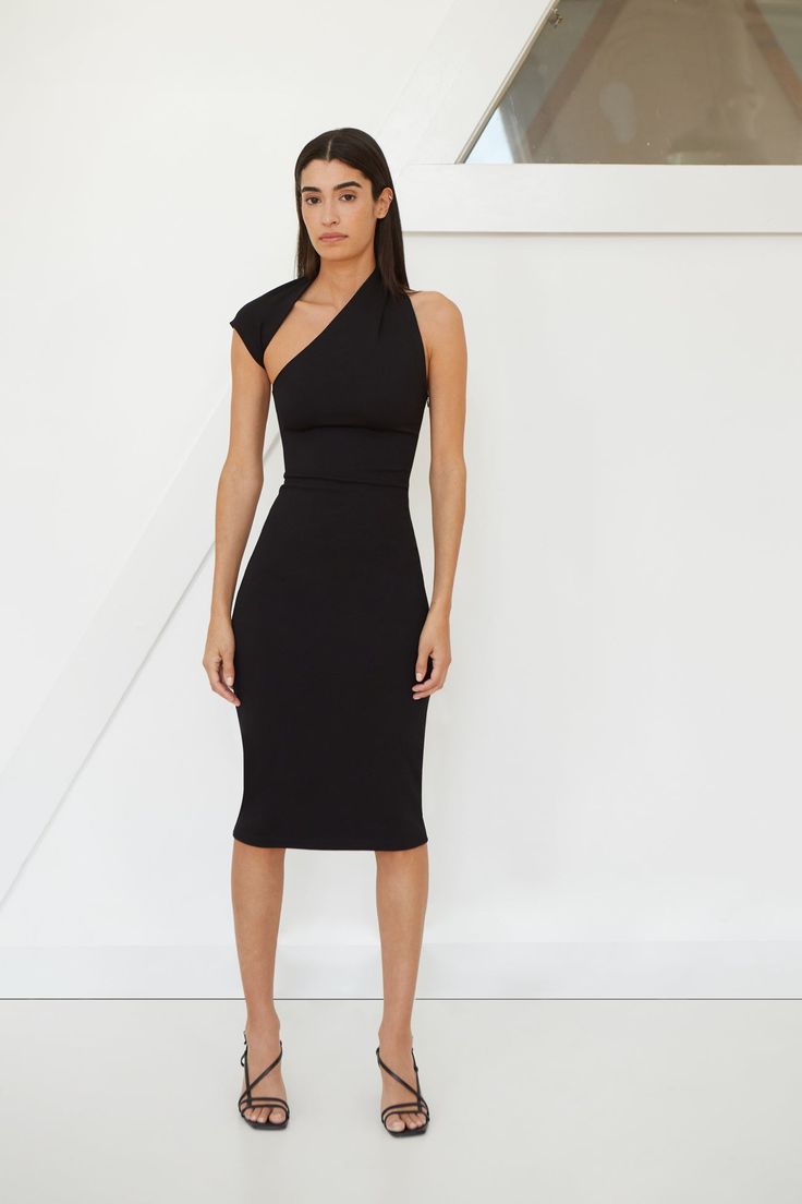 Black One-Shoulder Dress - Manhattan Sleeveless Midi Dress | Marcella Dress Below The Knee, Black Sleeveless Midi Dress, Black One Shoulder Dress, Black Backless Dress, Nyc Manhattan, Dress One Shoulder, Midi Pencil Dress, Sleeveless Midi Dress, Dress Midi