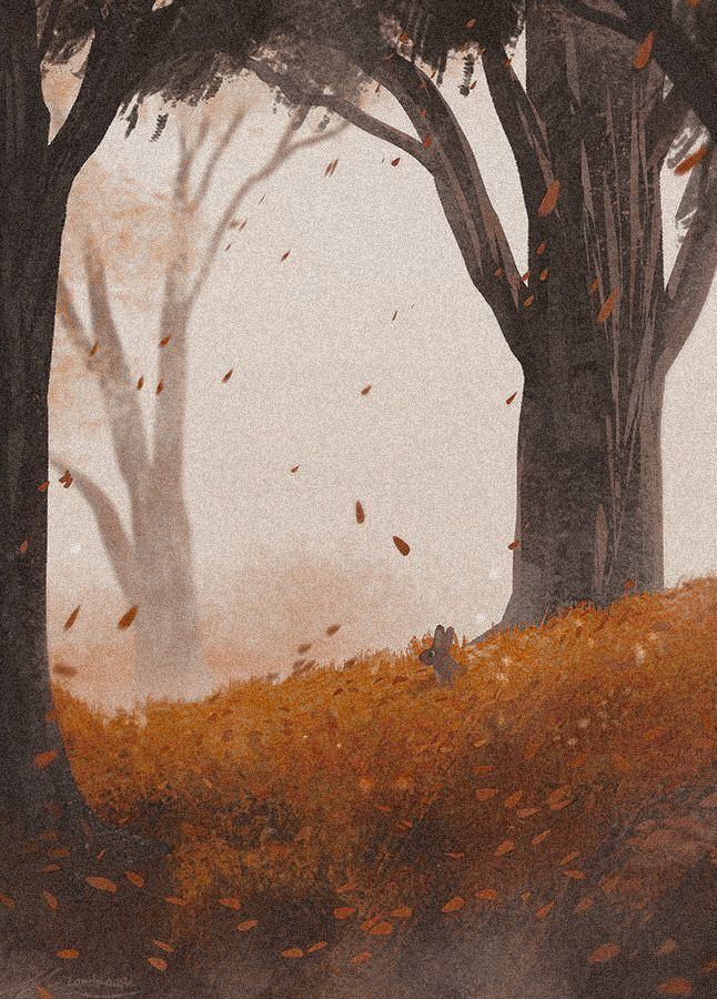 a painting of trees with leaves falling from them