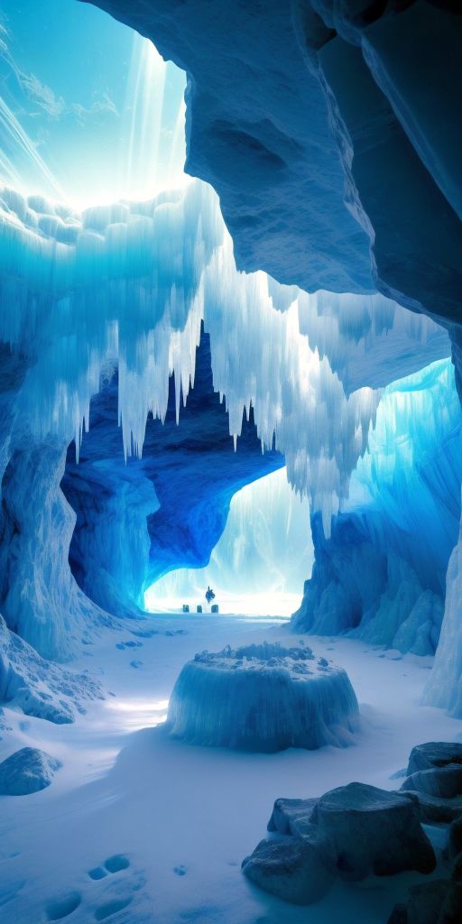 an ice cave filled with lots of blue and white icicles on the water's surface