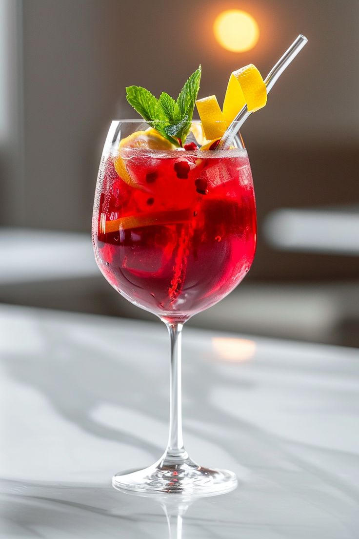 a glass filled with red liquid and garnished with lemon wedges on top