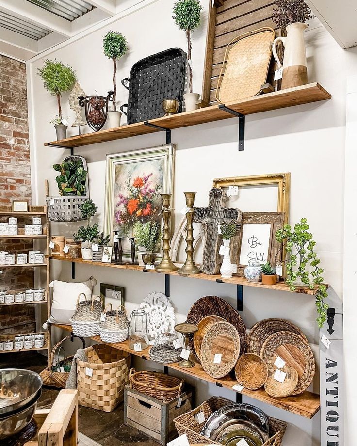 the shelves are filled with baskets and other items