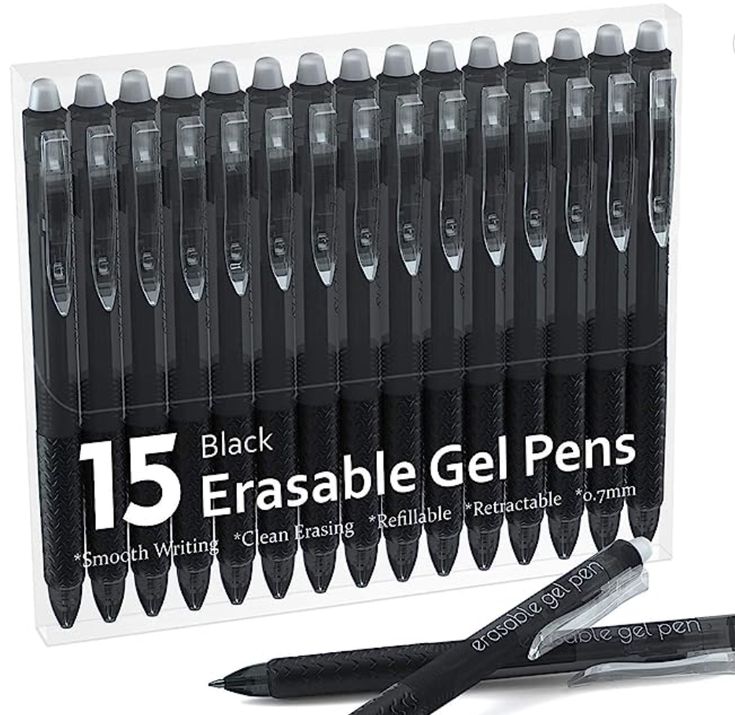 black erasble gel pens in display box with pen tip and eraser, set of 15