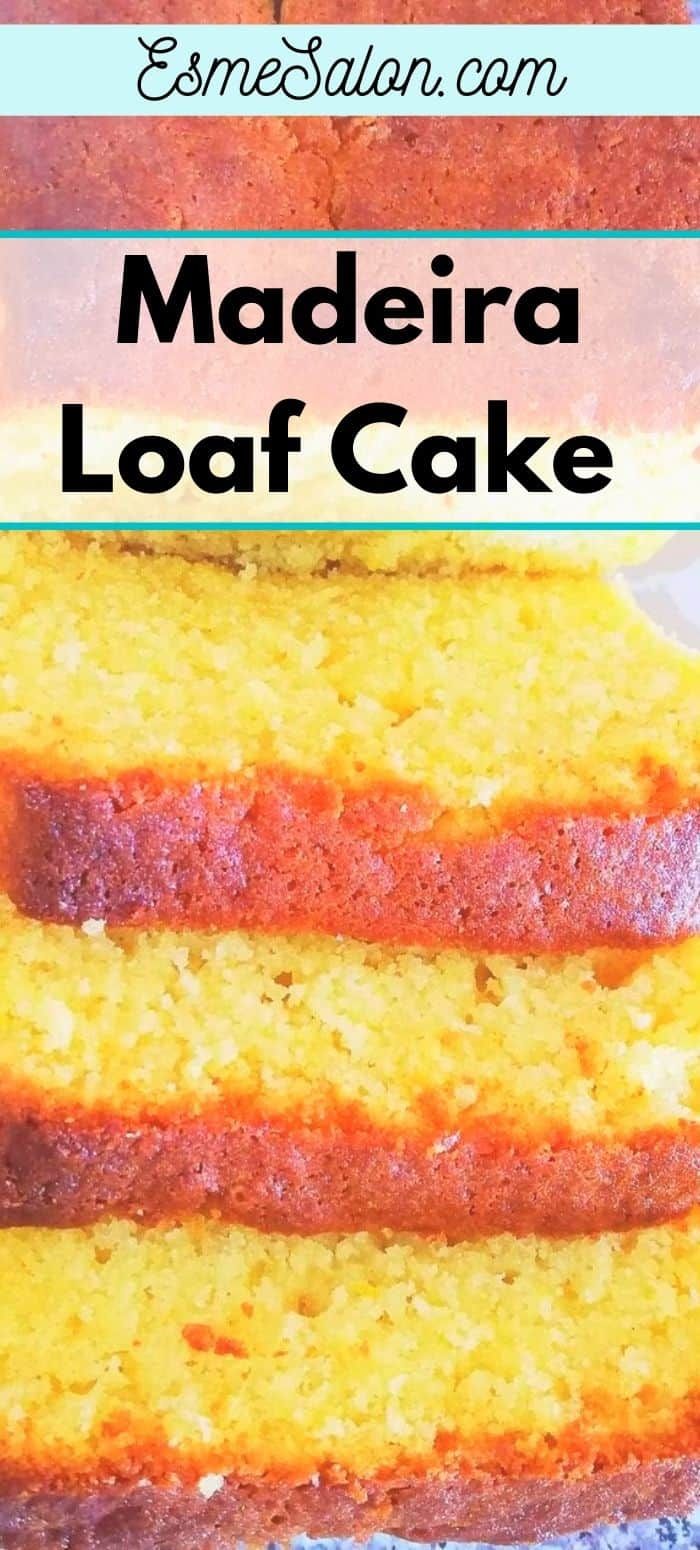 a close up of a cake on a plate with the words madera loaf cake