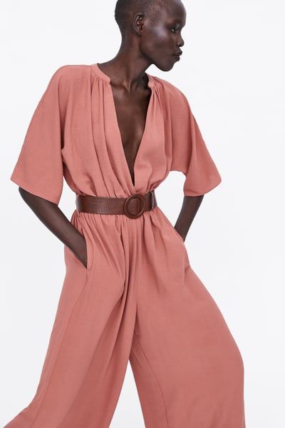 ZARA - Female - Belted wrap jumpsuit - Nude - S Suede Jumpsuit, Recycling Clothes, Zara Store, Wrap Jumpsuit, Petite Jumpsuit, Playsuit Dress, Lace Jumpsuit, Satin Midi Dress, Long Jumpsuits