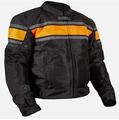 a black and orange motorcycle jacket with reflective stripes on the sleeves, front and back