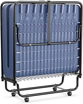 a large blue piece of luggage sitting on top of a metal rack with wheels and handles