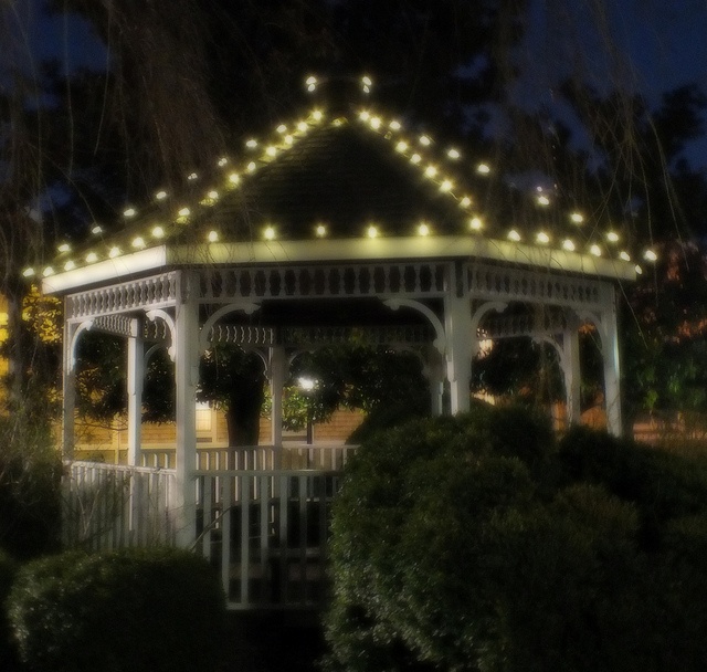 the gazebo is lit up with white lights