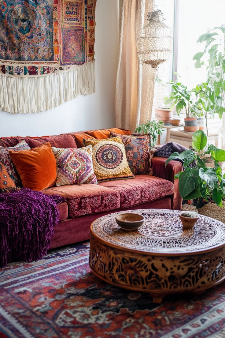 a living room filled with lots of furniture and pillows on top of a rug next to a window