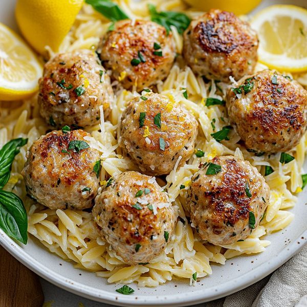 meatballs and pasta on a plate with lemons