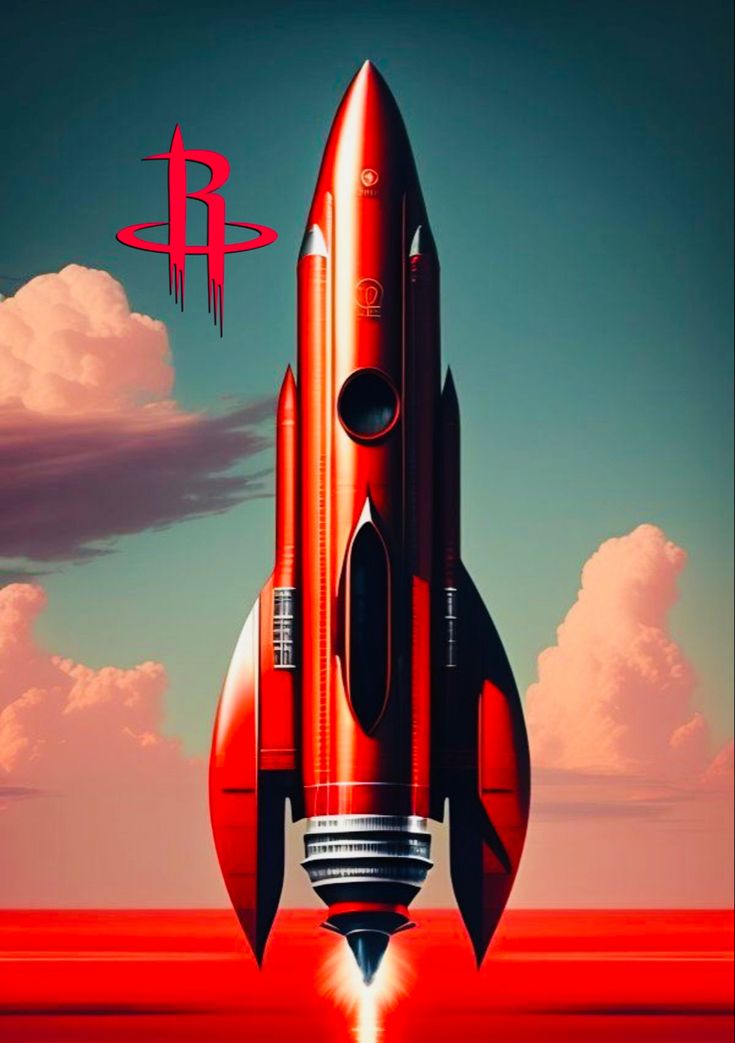 a red rocket ship flying through the sky