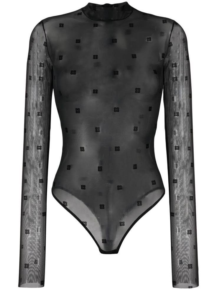 black stretch-design all-over logo print semi-sheer construction mock neck long sleeves Just a reminder that this piece must be tried on over your own garments. Givenchy Clothes, Givenchy Outfit, Givenchy Top, Givenchy Boots, Givenchy Logo, Black Mesh Top, Versace Outfit, Bodysuit Black, Mesh Bodysuit