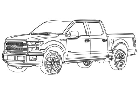 a black and white drawing of a ford f - 150 pickup truck with the hood up