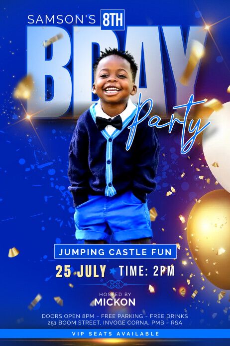 a birthday party flyer with a boy in blue shirt and bow tie