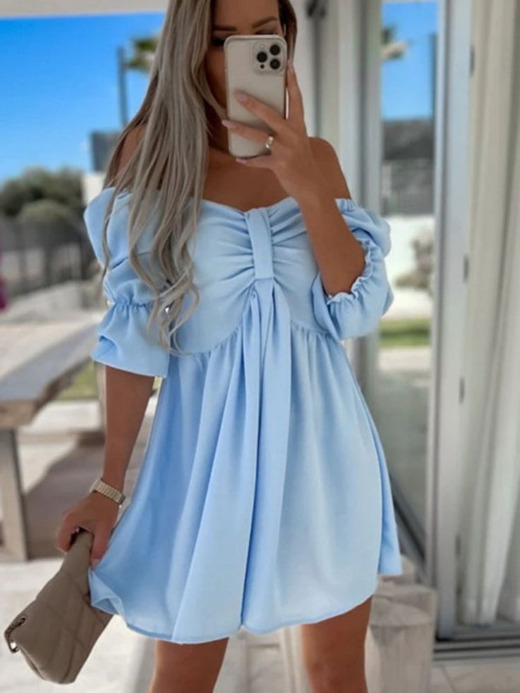 Women's Lantern Half Sleeve Mini Dress Sexy Off Shoulder Bow A-line Dress Summer Casual Black Beach Dresses for Women Vestidos Pleated Mini Sundress, Pleated Mini Length Sundress, Off-shoulder Solid Color Mini Dress For Date Night, Casual Off-shoulder Solid Mini Dress, Flirty A-line Flowy Mini Dress, Pleated A-line Mini Dress For Beach, A-line Pleated Mini Dress For Beach, Non-stretch A-line Mini Dress For Beach, Solid Ruched Summer Mini Dress