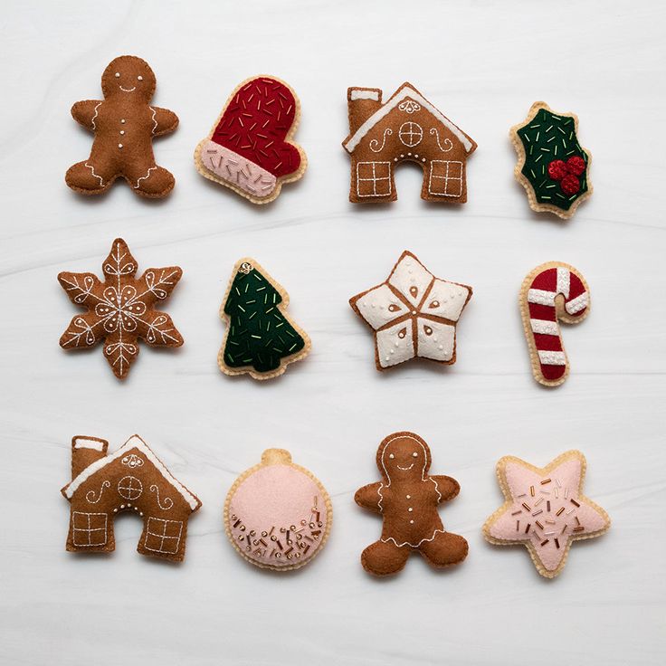 twelve decorated cookies arranged in the shape of houses and trees