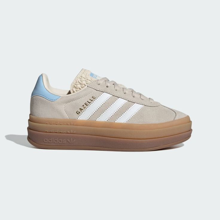 Kick it retro in these adidas shoes for juniors, reworked for bold style that elevates your look. Once a training shoe, now a street style staple, the Gazelle fuses '70s sport heritage with everyday sensibility. Its smooth leather upper stands the test of time, while synthetic lining keeps feet comfortable. The elevated rubber outsole adds dimension and height, embracing bold proportions for fresh attitude. Pair them with joggers or jeans — these sneakers will have you moving in style and ... Gazelle Bold Shoes, Adidas Bold, Cute Adidas Shoes, Adidas Gazelle Bold, Sneaker Adidas, Gazelle Bold, Bold Shoes, Christmas Shoes, Colorful Shoes