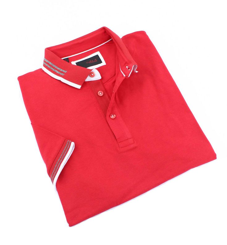 Eight-X | Designer Menswear | Red Polo With White And Gray Trim Casual Cotton Polo Shirt With Contrast Collar, Casual Johnny Collar Top With Contrast Trim, Casual Tops With Johnny Collar And Contrast Trim, Red Casual Top With Collared Neckline, Sporty Cotton Polo Shirt With Seamless Collar, Sporty Cotton Polo Shirt With Collared Neckline, Sporty Tops With Contrast Collar, Fitted Cotton Polo Shirt With Collar, Fitted Cotton Polo Shirt With Fold Down Collar