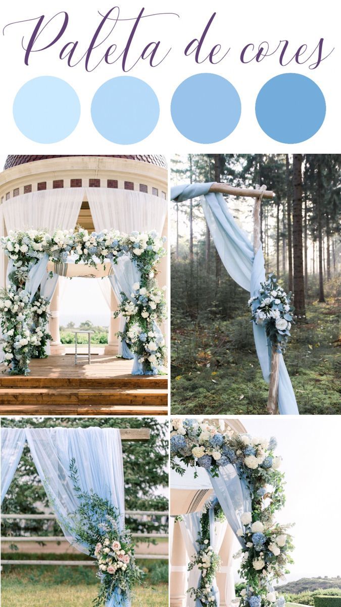 the wedding arch is decorated with blue and white flowers