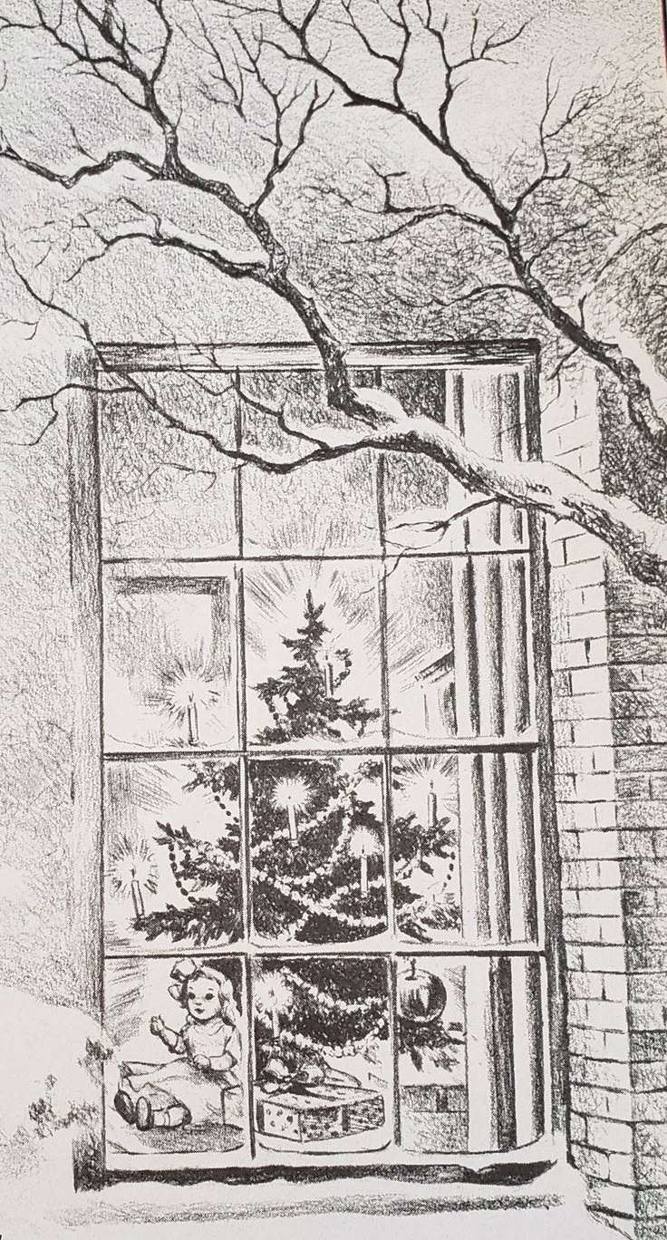 a black and white drawing of a christmas tree in front of a window with trees outside