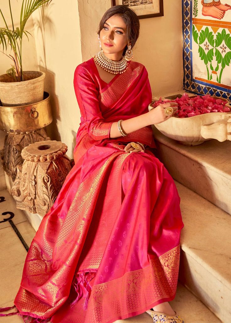 ROYAL PRINCESS PINK WOVEN KANJIVARAM SILK 106  Desc:      Intricate timeless design on this grand saree is perfect for a grand occasion this Kanjivaram saree will easily attract eyes. With exquisite design spread across the length of the saree it is perfect for any occasion. This saree has a white tone with a slight blend of gold colour. It has been the best seller till date! The saree is as soft as butter. Saree length : 5.5 meterBlouse piece :  0.8 meterFabric : Blended silk and Zari. With Exp Pink Banarasi Saree, Saree Kanjivaram, Kanjivaram Sarees Silk, Saree Floral, Simple Sarees, Indian Fashion Saree, Saree Designs Party Wear, Indian Dresses Traditional, Silk Fabrics