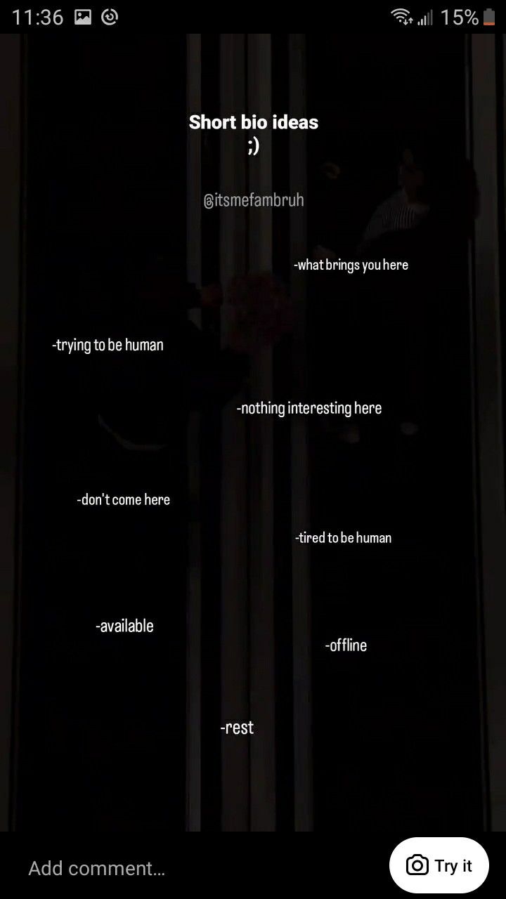 an image of a dark room with the text short bio ideas and other words on it